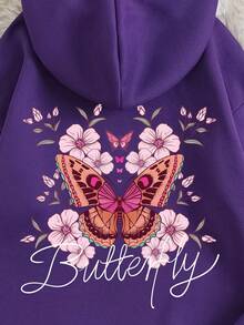 SHEIN EZwear Áo hoodie hở vai in họa tiết hoa và bướm có dây rút có lớp lót giữ nhiệt - Màu tím - Xem 4