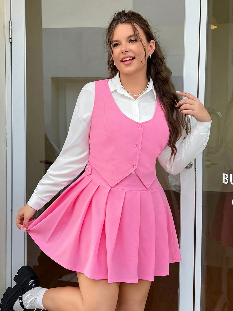 SHEIN MOD Hơn Chất rắn Áo vest Blazer & Chân Váy xếp ly Không có áo lót - Hồng - Xem 1