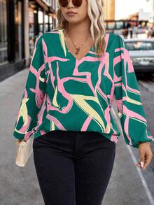 Calvaya Plus Allover Print Lantern Sleeve Blouse - Green - View 3