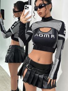 SHEIN Unity 女性半高領條紋短款上衣和字母圖案背心2入組/套 - 黑色 - 查看 1