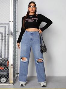 SHEIN EZwear Plus Size Loose Fit Boyfriend Straight Leg Jeans With Distressed Detailing, No Stretch - Blue - View 5