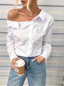 Siren Gaze 纽扣衬衫 海军蓝衬衫 露肩衬衫 教师衬衫 长袖衬衫 浅蓝色衬衫 秋季衬衫 返校衬衫 有领女式衬衫 女士条纹露肩纽扣衬衫，长袖上衣 - 白色 - 查看 7