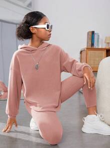 Tween Girl Drop Shoulder Curved Hem Hoodie & Leggings - Dusty Pink - View 5