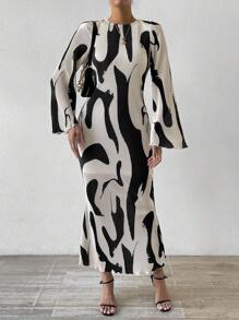 RosyDaze Allover Print Flounce Sleeve Mermaid Hem Dress Maxi Women Outfit Fall Cloth For Women