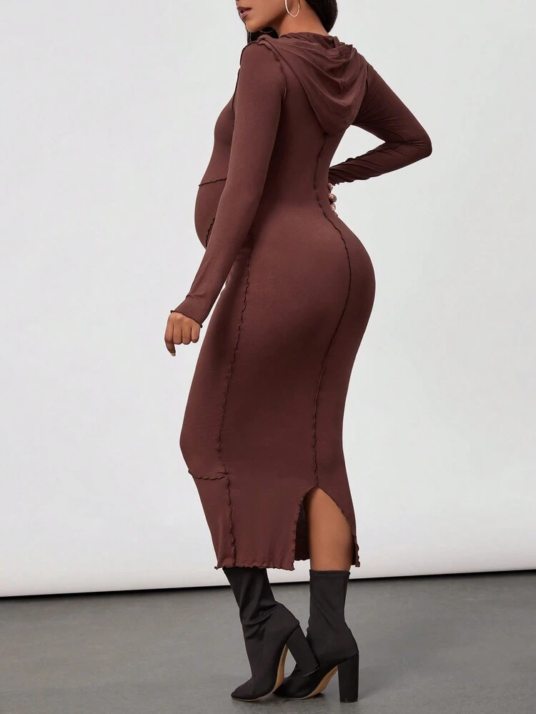 Maternity Solid Color Hooded Bodycon Dress