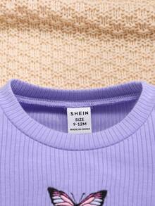 SHEIN 女孩嬰兒蝴蝶印花生菜飾結下擺 T 卹 - 紫色 - 查看 6