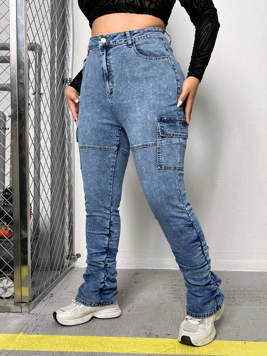 SHEIN ICON Plus High Waist Flap Pocket Side Stacked Jeans