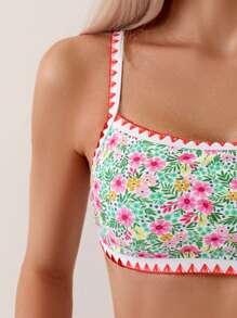 SHEIN Swim Summer Beach Floral Print Whip Stitch Bikini Set