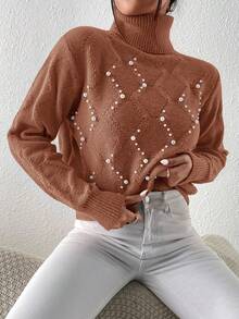 SHEIN Essnce 珍珠串珠高領落肩袖套頭毛衣 - 棕色 - 查看 4