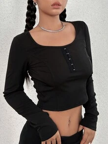 SHEIN Unity 大圓領鉤眼扣前短款T恤 - 黑色 - 查看 5