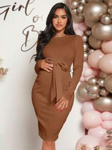 孕婦腰帶緊身洋裝附腰帶 - 鏽棕色 - 查看 6