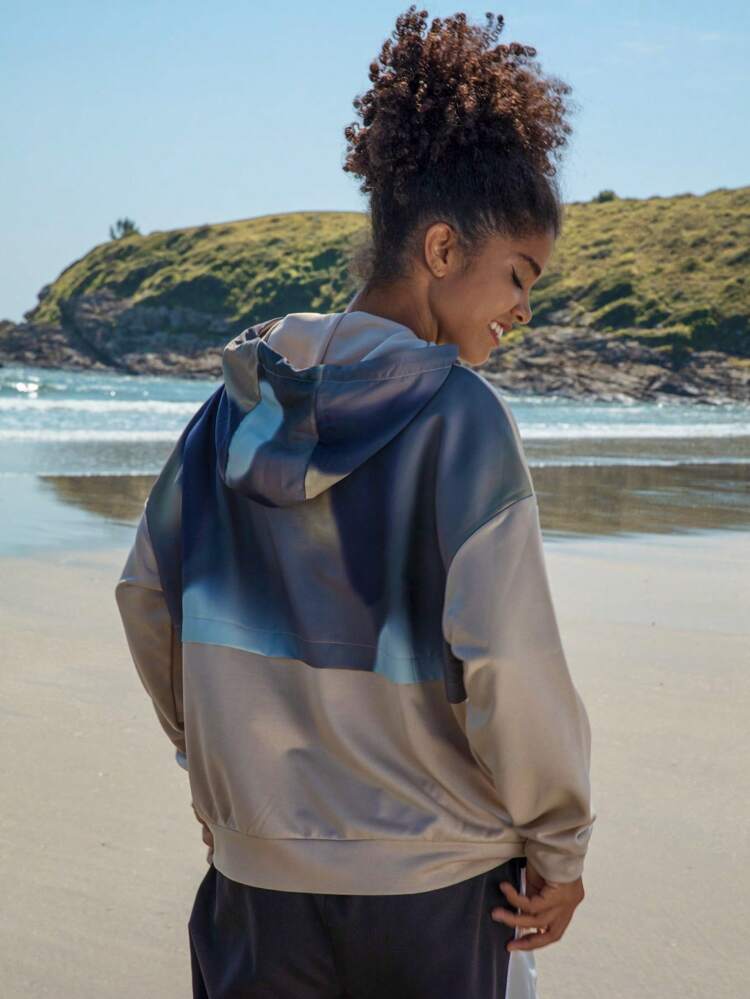 Letter Graphic Contrast Panel Kangaroo Pocket Drawstring Outdoor Sweatshirt