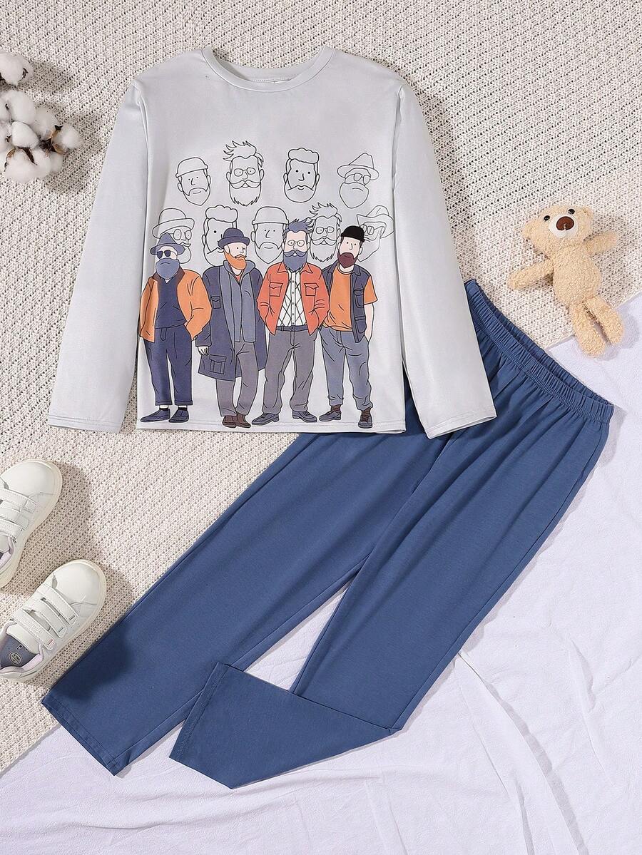 SHEIN Cậu bé Tween Đồ họa Hình hoạt hình Bộ áo Tee & quần PJ - Xám - Xem 1