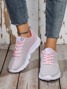 女性競技風格針織網眼花邊條紋前系帶運動鞋,輕便透氣休閒鞋 - 淺粉色 - 查看 2