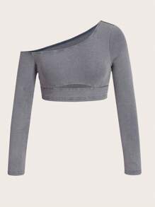 SHEIN ICON Top crop unicolor de cuello asimétrico con abertura delantera - Azul - Ver 1