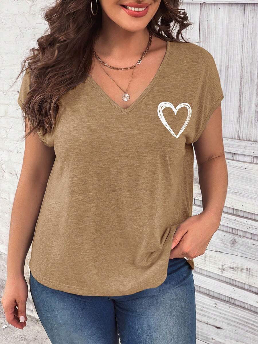 SHEIN LUNE Plus Heart Print Batwing Sleeve Tee - Camel - View 1