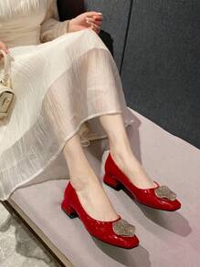 2025 Autumn Fashionable Classic Style Suede Upper With Metal Rhinestone Buckle Square Toe Chunky Heel Flat Shoes For Women - Red - View 7