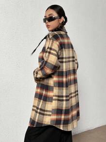 SHEIN Unity 前扣格纹长袖落肩中长款大衣，时尚百搭 - 咖啡棕 - 查看 2