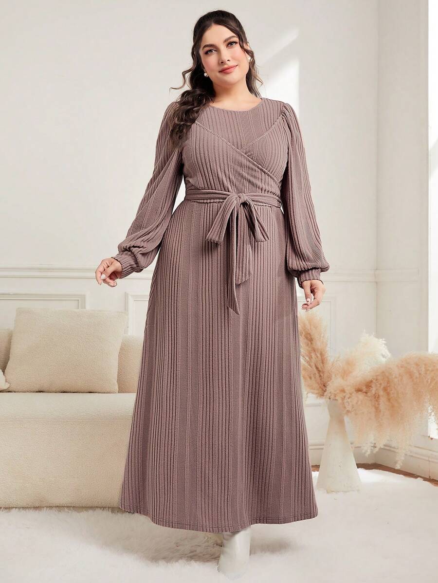 Seusyu Plus Lantern Sleeve Belted Dress - Dusty Pink - View 1