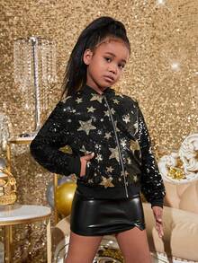 SHEIN Tween Girl Star Print Teddy Lined Bomber Jacket - Black - View 4
