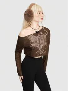 ROMWE Fairycore 骷髅印花不对称领口 T 恤 - 棕色 - 查看 3