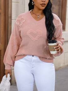 Calvaya Plus Faux Pearls Beaded Heart Pattern Drop Shoulder Sweater Knit Pullover Fall Winter Sweater - Pink - View 4