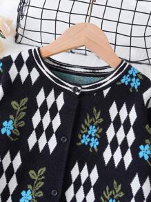 SHEIN Tween Girl Argyle & Floral Pattern Lantern Sleeve Cardigan - Black - View 3