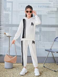 SHEIN 女大童字母圖案拼接面連帽衫和運動褲 - 白色 - 查看 5