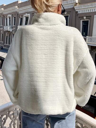 Cottnline Sudadera con bordado de letra con cremallera media de hombros caídos teddy