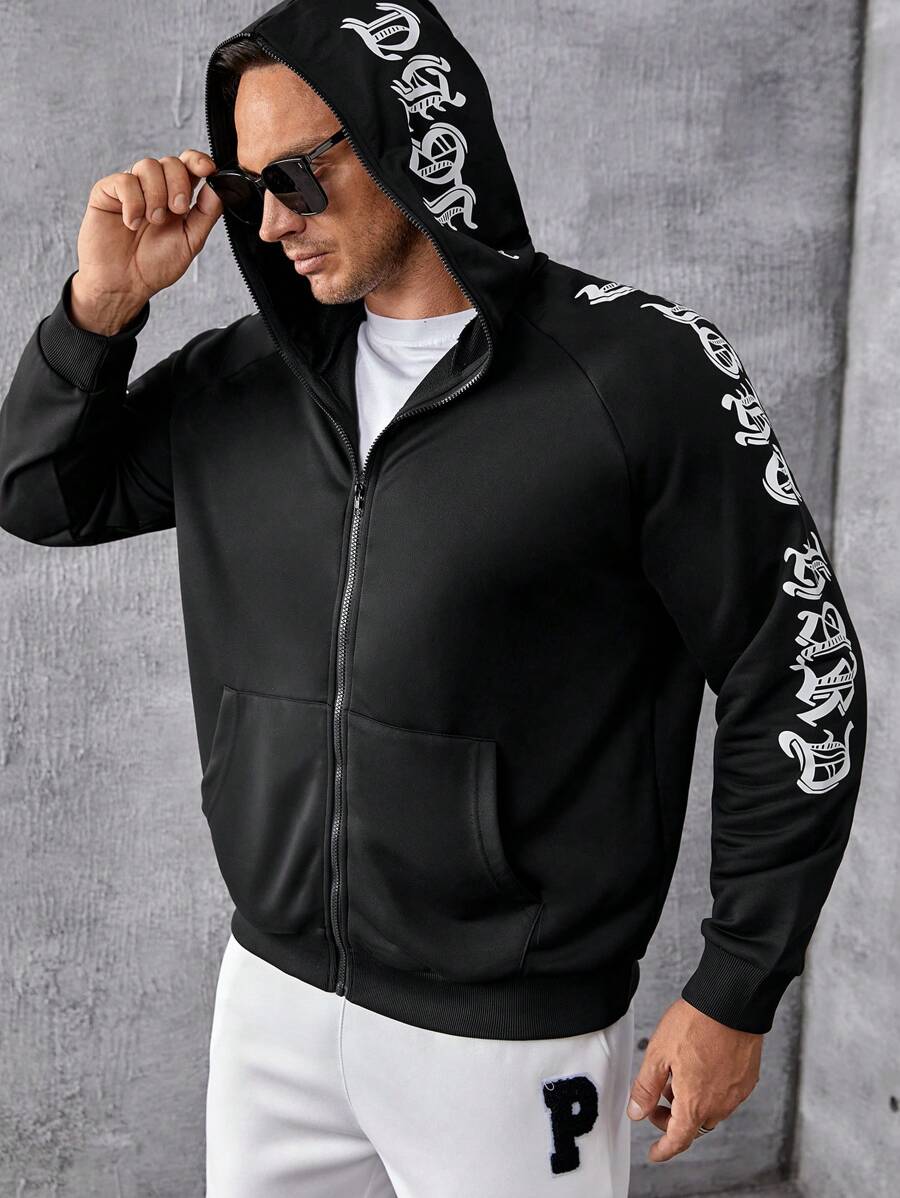 Manfinity LEGND Men Plus Letter Graphic Zip Up Hoodie - Black - View 1