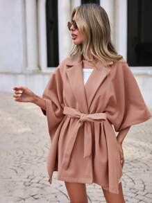 EURMUSE Ladies' Batwing Sleeve Belted Coat - Baby Pink - View 1