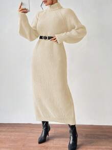 Aalyst Turtleneck Raglan Sleeve Sweater Dress Without Belt Fall Winter Cloth For Women - Beige - View 6