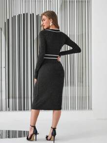 SHEIN Privé Contrast Piping Belted Dress - Black and White - View 2