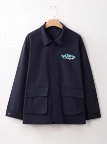 SHEIN Unity Letter Embroidery Flap Pocket Drop Shoulder Coat Fall Cloth For Women - Navy Blue - View 1