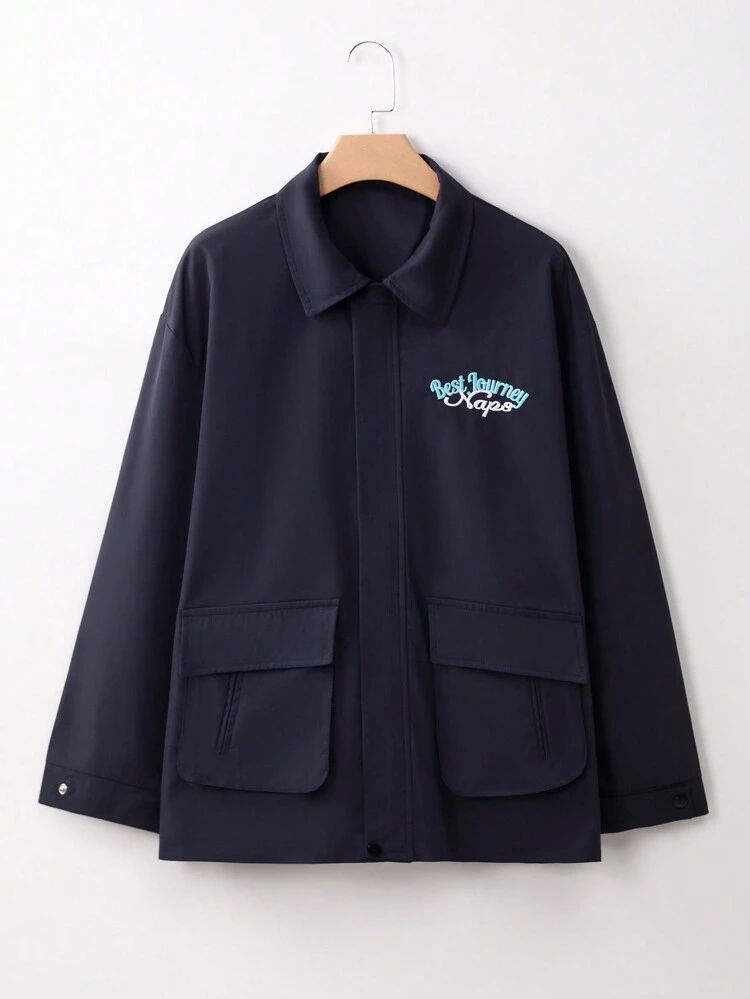 Letter Embroidery Flap Pocket Drop Shoulder Coat Fall Cloth For Women