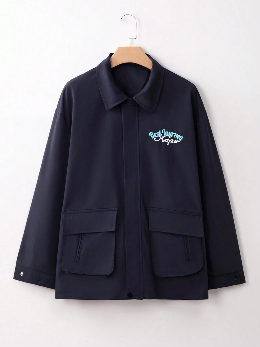 SHEIN Unity Letter Embroidery Flap Pocket Drop Shoulder Coat Fall Cloth For Women - Navy Blue - View 1