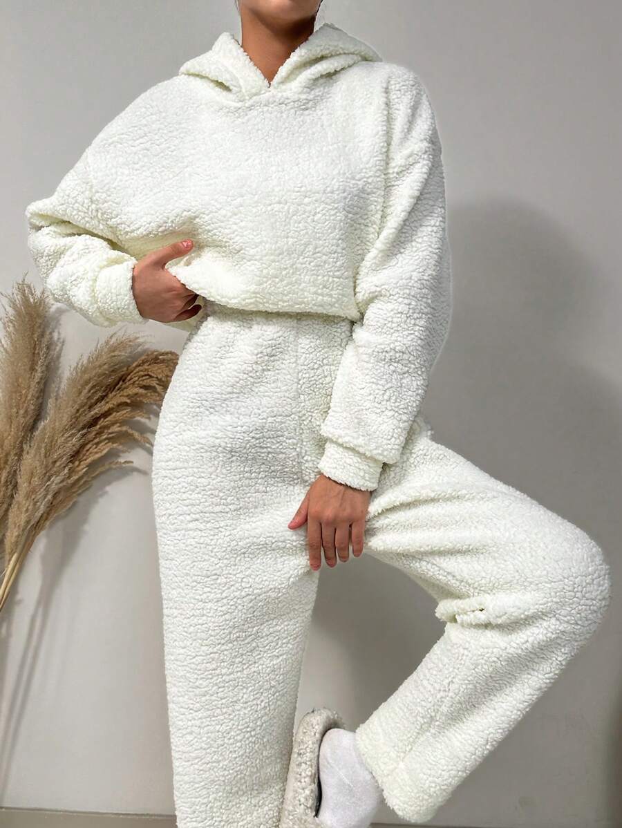 EURMUSE Drop Shoulder Teddy Hoodie & Pants - White - View 1
