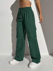 RueChic Pantalones Largos Con Cintura Ajustable Con Cordón Y Bolsillos Laterales Con Solapa - Verde - Ver 1