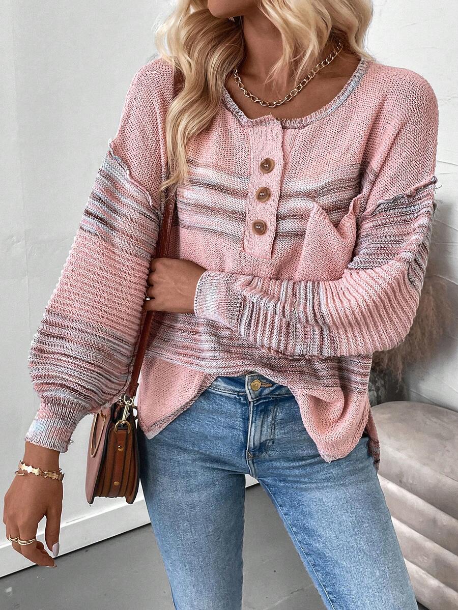 SHEIN Clasi Jersey con patrón de rayas de hombros caídos con parche de bolsillo con botón delantero - Multicolor - Ver 1