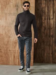 RueChic Men's Solid Color Turtleneck Cable Knit Sweater - Dark Grey - View 7
