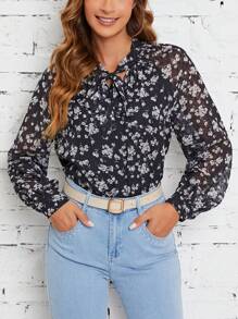 SHEIN Frenchy 碎花繫帶領插肩袖襯衫 - 黑色 - 查看 3