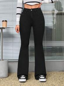 SHEIN PETITE 高腰牛仔喇叭褲 - 黑色 - 查看 3