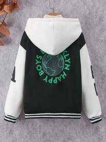 SHEIN Tween Boy 1pc Letter Graphic Contrast Sleeve Thermal Lined Hooded Jacket - Black - View 2