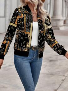 休閒拉鍊佩斯利花紋女士夾克 - 彩色 - 查看 4