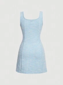 SHEIN MOD Double Breasted Detail Plaid Tweed Dress Without Blouse - Blue and White - View 6