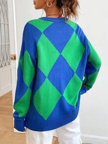 SHEIN EZwear Argyle Pattern Drop Shoulder Sweater - Royal Blue - View 2