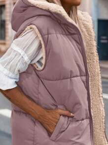拉鏈開襟抽繩連帽羽絨背心大衣 - 藕粉色 - 查看 3