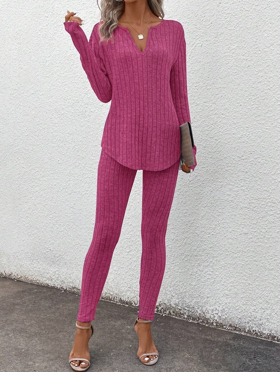 SHEIN LUNE 2pcs/Set Women Basic Black Thermal Underwear Set, Long Sleeve T-Shirt & Leggings, Winter New Arrival Matching Pajama Set - Hot Pink - View 1