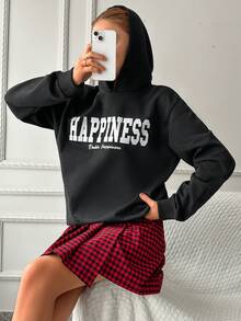 SHEIN Cottnline 字母圖案落肩袖連帽衫 - 黑色 - 查看 4