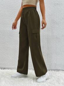 SHEIN PETITE Flap Pocket Cargo Long Pants - Dark Green - View 5
